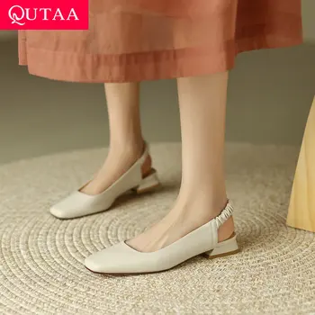 QUTAA 2023, дамски сандали от естествена кожа, сандали-лодки на ниски токчета, пролет-лято, Офис дамски обувки за партита, Жена размер диапазон 34-40