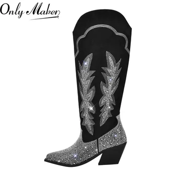 Onlymaker/ Дамски черни ботуши до коляното с кристали, каубойски ботуши в стил Уестърн, лъснати обувки ръчна изработка на блок ток с блестящи побрякушками