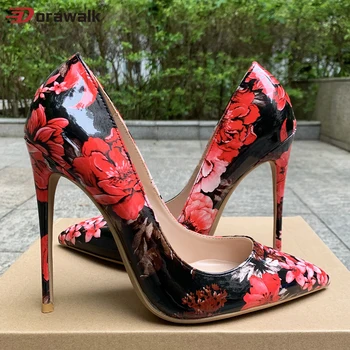 Дамски Пикантни модни дамски обувки на висок ток с цветя модел на тънки високи токчета с гланцово лакированным принтом, елегантен модел обувки с остър пръсти.