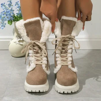 Дамски обувки 2023, Зимни дамски ботуши до средата на прасците, топли зимни обувки, женски нескользящая дамски обувки с кръгло бомбе и кръстосана шнур на квадратен ток
