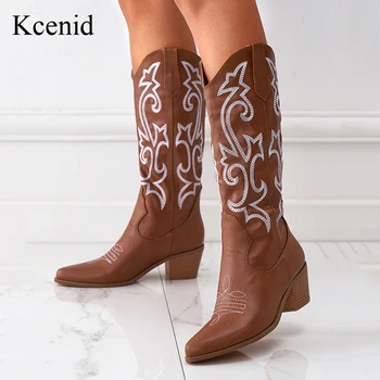 Kcenid, Нови каубойски ботильоны за жени 2022, Каубойски ботуши в западен стил, дамски модни ежедневни дизайнерски обувки с бродерия и с остър пръсти.