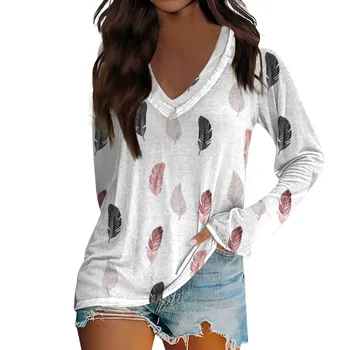 Дамска тениска с дълъг ръкав и V-образно деколте С принтом, Всекидневни удобен топ, Дамски съкратен върховете Y2k, Скъпа риза, Луксозни дрехи За жени