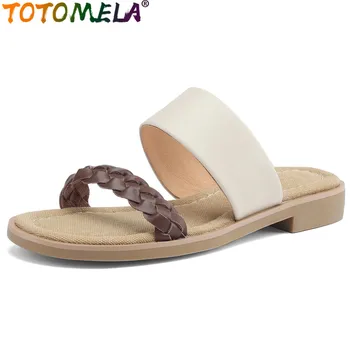 TOTOMELA 2023 Нови цветни чехли от естествена кожа, Дамски ежедневни дамски чехли Реколта обувки с нисък квадратен ток