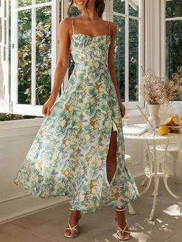 Жена лятно дълга плажна рокля без ръкави с отворен гръб, на експозиции, с флорални принтом, вечерна рокля