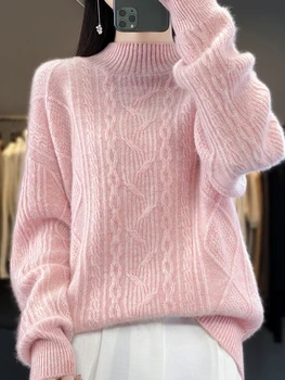 100 Вълнен пуловер женската половина turtlenecks монофонични усукани пуловер осеннезимний Нов свободен усукани вълнени вязаный спускане
