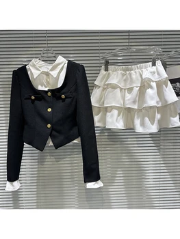 Най-новият дизайнерски костюм за модния подиум HIGH STREET 2023, женски кратък яке с метална катарама, сатен риза, пола-торта, комплект от три елемента