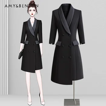 Висококачествено рокля-сако, дамско пролетта и есента рокля с 3/4 ръкав, Тънка двубортная работно облекло неправилни форми, черен костюм, женствена рокля