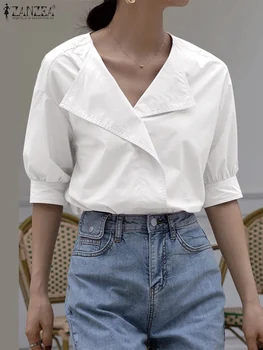 2023 ZANZEA Модерна Лятна блуза с V-образно деколте и къс ръкав, Дамски Елегантен Работна риза OL, Обикновена Празнични Вечерни блузи, Ежедневни блузи, риза