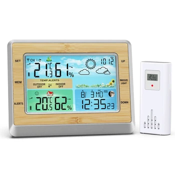 Безжичен сензор за температура и влажност с един предавател, Цветен екран, Преминете на температурата/℉, Цифров метеорологичната станция с подсветка