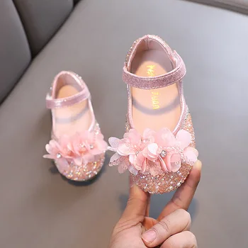 Обувки принцеси за момичета 2024 година, Новата пролетно-есенни кожени обувки за малко момиче в блестяща, мека подметка обувки за детски танцови представления J192