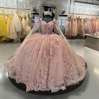 Розови Буйни рокли принцеса Бална рокля С аппликацией във формата на сърце Дантела Sweet 16 Рокли 15 Años Мексиканското