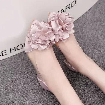 Пролетно-летни дамски обувки на равна подметка, Лоферы без закопчалка, балет апартаменти с цветя модел за отдих, Прозрачни дамски обувки с остър пръсти