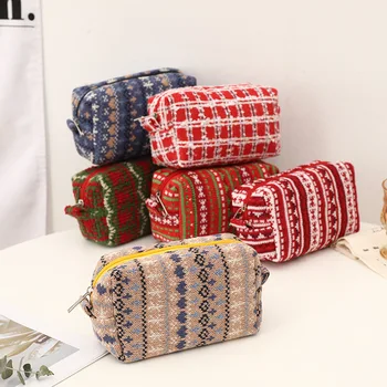 Crochet канцеларски материали, креативна класическа клетчатая косметичка в ретро стил, косметичка в етнически стил, голям вълнена чанта за моливи