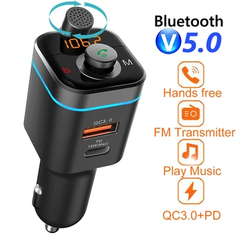 FM трансмитер Насочен Микрофон Двойно USB PD18W QC3.0 Зарядно устройство, Bluetooth 5,0 Хендсфри Автомобилен MP3 плейър, С един бутон на Бас