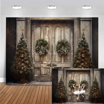 Коледни Фонове, за снимки дървени врати Сняг Зимата Коледно Дърво На открито, за Възрастни и Детски портрет Снимка Фон Подпори за фотосесия