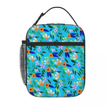 Чанта за обяд с цветя на син фон, чанта за пикник, детски чанта за обяд, дамски чанти за обяд