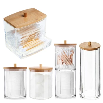 Акрилна кутия за съхранение органайзер за грим памучен тампон притежателя на покрива с памучна свещ пръчки диспенсер за памучни тампони аксесоари за баня