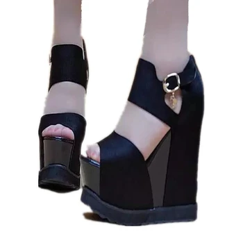 Летни дамски обувки на дебела подметка и висока платформа, много висок ток 15 см, женски охлаждащи сандали с отворени пръсти