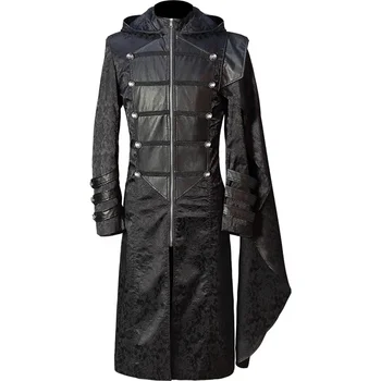 Коледна европейската и американската мъжки парна ретро униформи, с висока яка, Черна кожена пънк-готически дъждобран-палто