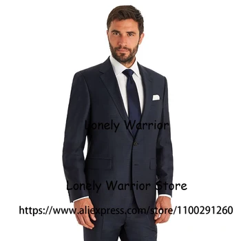 Модерен тъмно-сини костюми за мъже, бизнес блейзър с назъбени ревери, Оборудвана сватбен Смокинг на младоженеца, яке, панталони, костюми Homme