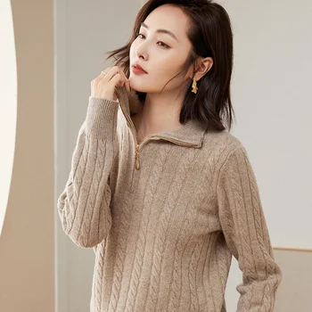 2023 Есенно-зимния женски Нов пуловер, ежедневието на обикновен пуловер с вязаным яка от 100% вълна, мека и дишаща блуза