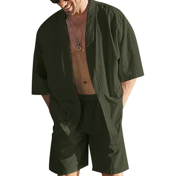 Лятна плажна дрехи, мъжки комплект от памук и лен, 2 броя, обикновена ризи с копчета и къс ръкав, къси панталони, Свободни хавайски съоръжения