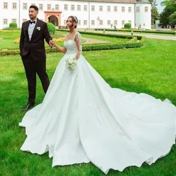 Сватбена рокля с дълги ръкави и кружевными апликации, сватбени рокли трапецовидна форма с цветен модел Vestidos De Новия