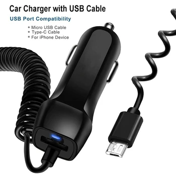 Универсално зарядно за кола с USB-кабел, зарядно устройство за мобилен телефон iphone за Samsung, кабел Micro USB Type C, бързо зарядно за кола за телефон