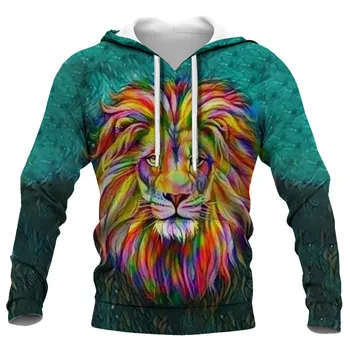 Чисто нов мъжки пуловер с качулка във формата на животни, пуловер с качулка във формата на лъв с 3D-принтом, свободен пуловер с джоб