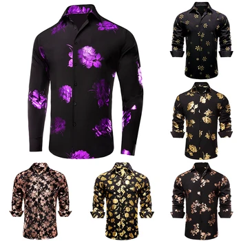Коледни копринени мъжки ризи Hi-Вратовръзка, Черни, Лилави, пролетно-есенни, с дълъг ръкав, с ревери, приталенная блуза за мъжки дизайнерски бизнес