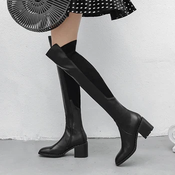 Ботуши до коляното, дамски секси зимни обувки с цип, Дебел квадратен ток, дамски еластична топла обувки на база стил, Botines Botas Mujer