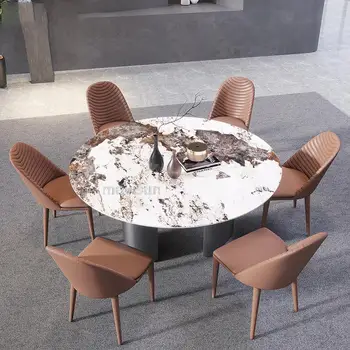 Модерен лек Луксозен Дом Скандинавски Въртящ се с Голяма Кръгла Кухненска маса, маса за Хранене от неръждаема стомана, Комбинирана мебели