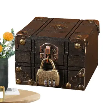 Мини Дървена кутия за съхранение на Ретро Кутия с ключ за съкровищата на Ретро Кутия за съхранение на Бижута в Ковчег за съкровище Настолен Органайзер За Дома, Детски Подарък