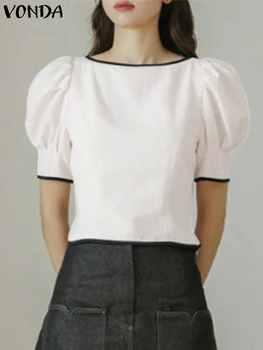 Модерна елегантна блуза 2023, летни ризи VONDA, дамски блузи с къси, буйни, с дълъг ръкав, Ежедневни свободни ризи с кръгло деколте, блузы в стил мозайка.