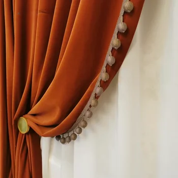 Реколта кадифе тъканни плътни завеси за хол-Спалня, украсена с плюшено топка, Обикновена с алуминиева дограма, щори по Поръчка