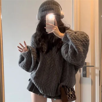 Ежедневието на обикновен пуловер в стил 2022 г., Нов Ретро обикновен пуловер оверсайз, Моден Сив Свободен пуловер с V-образно деколте, Женски Корейски
