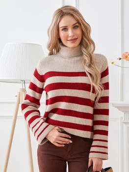 Дамски пуловери с високо воротом, всекидневни пуловер с дълги ръкави и шарени принтом, топло основен вязаный пуловер за есента, топло градинска облекло