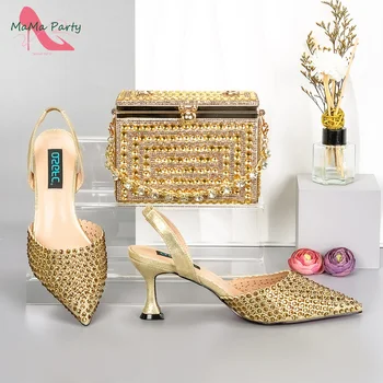 2023 Италиански дамски обувки и чанта в тон с нов дизайн златен цвят, висококачествени обувки-лодка с остри пръсти и кристали за парти