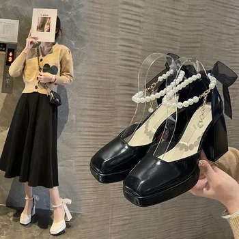 2023 Дамски летни вечерни сандали на висок ток с квадратни пръсти и перли, дамски обувки-лодка в ретро стил от изкуствена кожа на платформа с малките пръсти, нескользящие дамски обувки-лодка в ретро стил