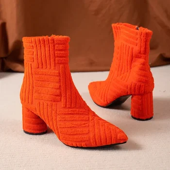 Дамски обувки Есенни женски ботильоны Зелени Римски обувки с остри пръсти Дънкови Пикантни обувки на квадратен ток със страничен цип