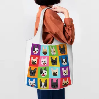 Пазарска чанта с мордами френски Булдог в стил Поп-Арт, холщовая чанта през рамо, трайни торбички за пазаруване на подаръци за кучета Frenchies, Торбички за пазаруване за домашни любимци