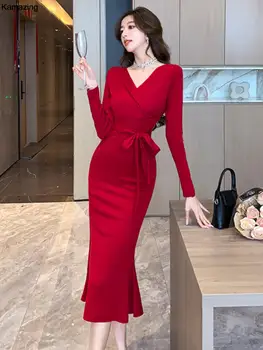 Дамско елегантно секси червена рокля на Русалка с V-образно деколте, Есен нова мода, дебнещ рокля дантела, вечерни рокли за абитуриентски бал, Офис дамски реколта дрехи