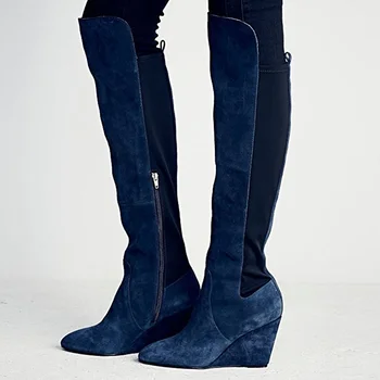 Тъмно сини велурени ботуши на танкетке, Еластична, с цип, през цялата чорап, зимни ботуши до коляното на танкетке, Еластична Ликра, зимни обувки в стил мозайка