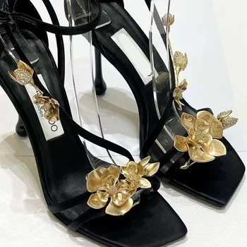 2024, Пролет и лято, нови секси обувки на висок ток с отворени пръсти, украсени със златни цветя, професионална дамски обувки