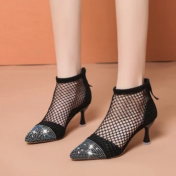 2023 Дамски летни обувки на тънък ток Дамски сандали на висок ток, Обувки-лодка от флока с остри пръсти, за жени, чубрица сватбени обувки с кристали