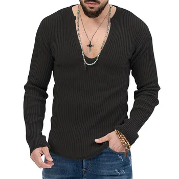 Модерен пролетно-есенния мъжки пуловер с дълбоко V-образно деколте, нов монофонични вязаный пуловер с дълги ръкави 2023 година.