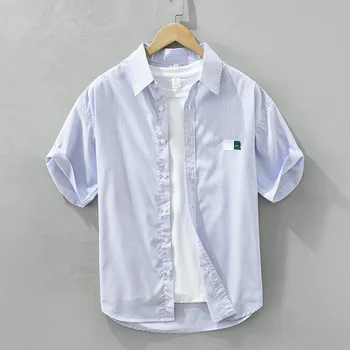 3702 Риза на райета, мъжки летни мода, прости класически памучни блузи с къс ръкав, ежедневни свободни основни върхове в японски стил за юноши.