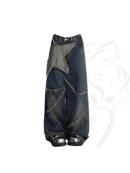 Дамски широки дънки в стил мозайка, реколта дънкови панталони Y2k, естетическа мода на 90-те, широки каубойски панталони Harajuku, дрянная облекло 2000-те