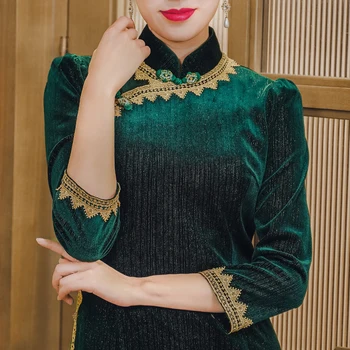 Подобряване на зелена вечерна рокля в китайски стил SIMEIZI за жени 2023 Пролет и есен, velvet ретро Чонсам за сватба
