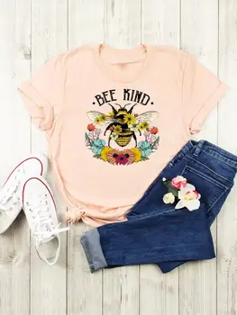 Тенденцията на пчелен цвете, сладък дрехи, тениски, Дамска мода с къс ръкав, лятна тениска с графичен принтом, тениски с анимационни герои, дамска тениска